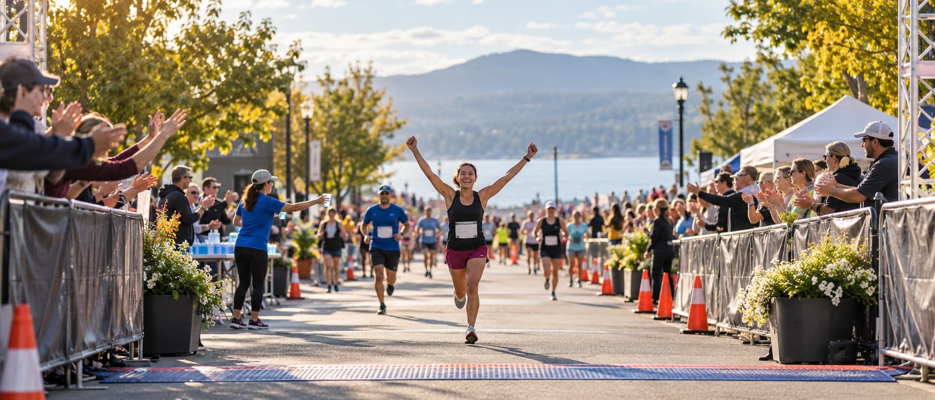 A runner crossing the finish line with her arms raised as volunteers and spectators cheer along the barricades